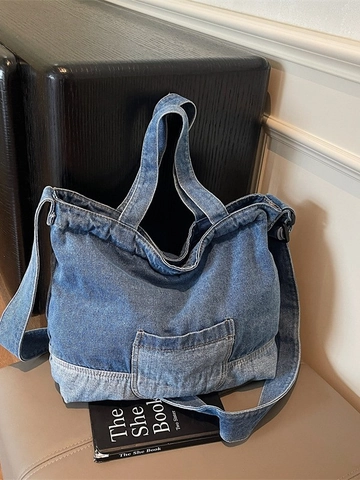 Borsa Tote da Donna Vintage in Denim Patchwork Grande Capacità Borsa a Tracolla Retro Casual Streetwear Hobo Bag per Scuola