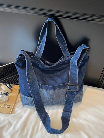 Borsa Tote da Donna Vintage in Denim Patchwork Grande Capacità Borsa a Tracolla Retro Casual Streetwear Hobo Bag per Scuola