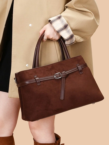 Vintage Wildleder Tragetasche Für Damen Große Kapazität Frosted Schultertasche Mit Zierriemen Minimalistische Büro Pendler Handtasche