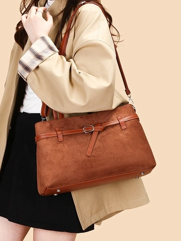 Vintage Wildleder Tragetasche Für Damen Große Kapazität Frosted Schultertasche Mit Zierriemen Minimalistische Büro Pendler Handtasche