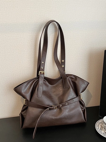 Borsa Tote Vintage in Pelle PU di Grande Capacità da Donna Retro Cuciture Spalla Singola Pendolare Borsa Sottoascellare con Fibbia
