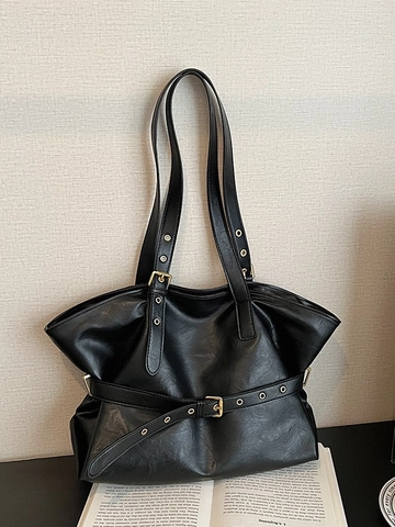 Borsa Tote Vintage in Pelle PU di Grande Capacità da Donna Retro Cuciture Spalla Singola Pendolare Borsa Sottoascellare con Fibbia