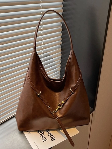 Vintage PU Leather Large Capacity Tote Bag For Women Retro Casual Commuter Shoulder Bag With Metal Buckle Solid Color Hobo Bag