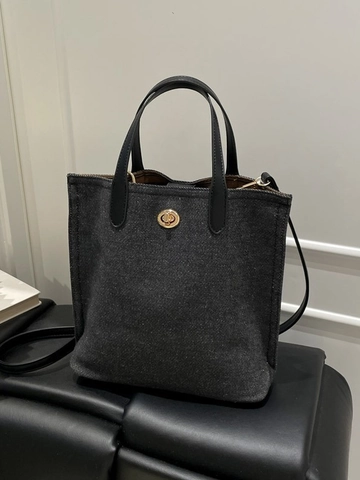 Women's Denim Tote Bag Vintage Casual Handbag With Gold Tone Metal Lock PU Leather Handle Crossbody Shoulder Bag For Daily