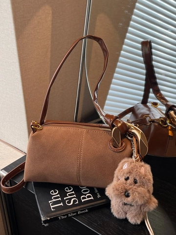 Vintage Women Faux Suede Cylindrical Shoulder Bag Fashion Crossbody Handbag With Detachable Plush Pendant For Daily Commute