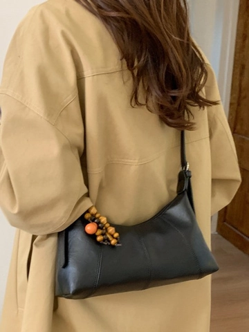 Borsa Baguette Vintage in Pelle PU per Donna Con Ciondolo in Perle di Legno Borsa a Tracolla alla Moda in Stile Coreano Casual Giornaliera