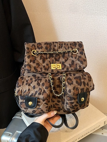 Zaino Trapuntato Vintage da Donna Moda PU Scamosciato Motivo a Rombi Stampa Leopardata Borsa da Scuola Con Chiusura a Girello