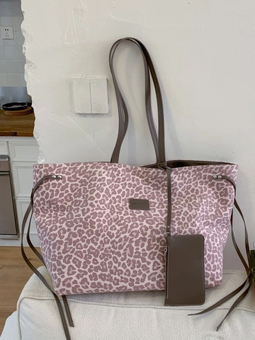 Grand Cabas Vintage Imprimé Léopard pour Femmes Sac à Épaule Décontracté en Tissu Grande Capacité avec Pochette Mode