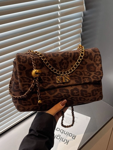 Vintage Luipaardprint PU Leer Schoudertas Voor Vrouwen Grote Capaciteit Messenger Okseltas Met Ketting Metalen Slot Sluiting