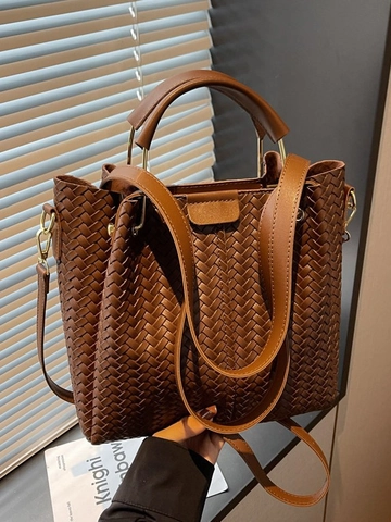 Borsa a Secchiello in Pelle PU Intrecciata Retro da Donna Borsa Tote Grande Capacità Con Manico in Metallo e Tracolla Regolabile