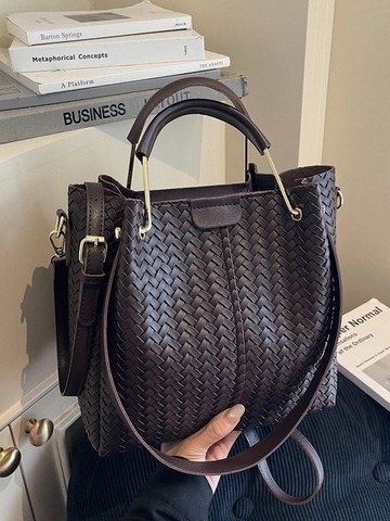 Borsa a Secchiello in Pelle PU Intrecciata Retro da Donna Borsa Tote Grande Capacità Con Manico in Metallo e Tracolla Regolabile