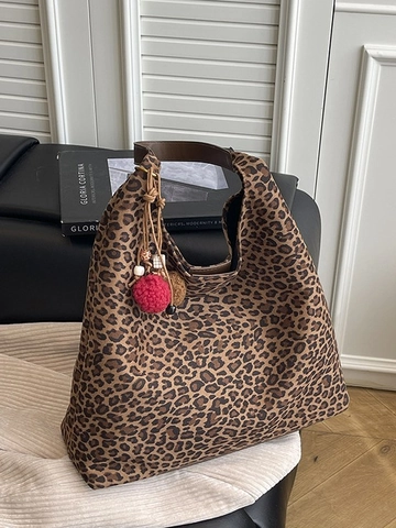 Women Large Capacity Leopard Print Tote Bag Vintage Hobo Shoulder Bag With Inner Pouch And Plush Pom Pom Charm Fashion Bag