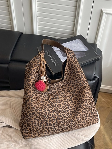 Women Large Capacity Leopard Print Tote Bag Vintage Hobo Shoulder Bag With Inner Pouch And Plush Pom Pom Charm Fashion Bag
