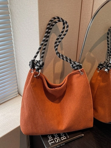 Large Capacity Corduroy Tote Bag For Women Knotted Checkered Rope Handle Vintage Shoulder Bag Versatile Commuter Handbag