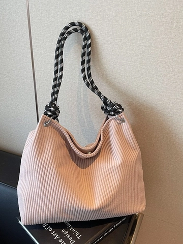 Large Capacity Corduroy Tote Bag For Women Knotted Checkered Rope Handle Vintage Shoulder Bag Versatile Commuter Handbag