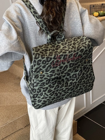 Fashion Leopard Print Canvas Backpack Large Capacity Travel Daypack For Women Street Style School Student Bookbag