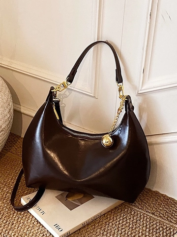 Women Fashion Hobo Shoulder Bag PU Leather Minimalist Handbag With Gold Metal Ball Chain Decoration Solid Color Small Square Bag