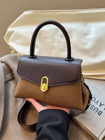 Retro Damen PU Leder Patchwork Handtasche Mit Goldenem Drehverschluss Breitem Gurt Pendler Schultertasche Herbst Winter Umhängetasche
