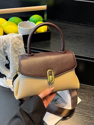 Retro Damen PU Leder Patchwork Handtasche Mit Goldenem Drehverschluss Breitem Gurt Pendler Schultertasche Herbst Winter Umhängetasche