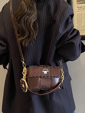 Vintage Γυναικεία Τσάντα Χιαστί από Δέρμα PU Μόδα Patchwork Μικρή Τετράγωνη Τσάντα Retro Τσάντα Ώμου Με Μεταλλική Αλυσίδα και Μενταγιόν Ντόνατ