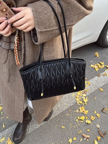 Women Retro Pleated PU Leather Shoulder Bag Fashion Matelasse Tote Handbag Large Capacity Casual Office Lady Top Handle Bag