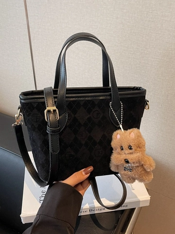 Damen Vintage Wildleder Textur Eimer Schultertasche PU Leder Tote Handtasche Mit Plüsch Hund Anhänger Retro Quadratische Umhängetasche