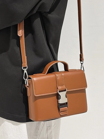 Women Mini Square Crossbody Bag PU Leather Flip Over Top Handle Handheld Bag With Metal Buckle Versatile Urban Shoulder Bag