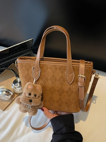 Damen Vintage Wildleder Textur Eimer Schultertasche PU Leder Tote Handtasche Mit Plüsch Hund Anhänger Retro Quadratische Umhängetasche