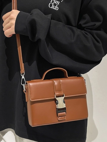 Women Mini Square Crossbody Bag PU Leather Flip Over Top Handle Handheld Bag With Metal Buckle Versatile Urban Shoulder Bag