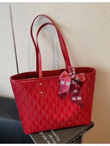 Women Large Capacity Tote Bag PU Leather Quilted Wave Pattern Shoulder Bag Elegant Handbag With Satin Scarf Decoration