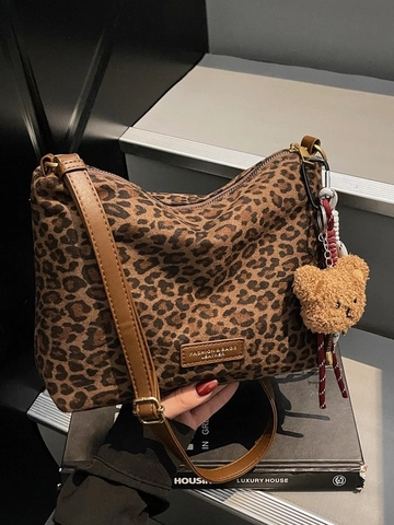 Borsa a Tracolla da Donna alla Moda con Stampa Leopardata in Finta Pelle Scamosciata Grande Capacità Tote con Portachiavi Orsetto