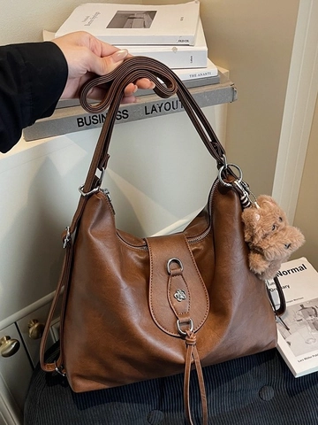 Damen Retro PU Leder Shopper Große Kapazität Urban Minimalistisch Schulter Rucksack Mit Quaste Blumen Schnalle Anhänger