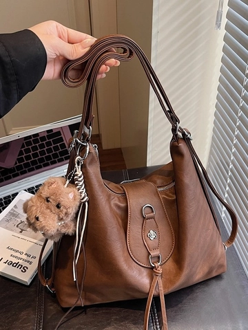 Damen Retro PU Leder Shopper Große Kapazität Urban Minimalistisch Schulter Rucksack Mit Quaste Blumen Schnalle Anhänger