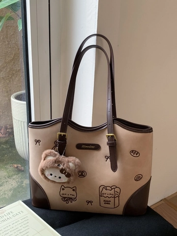 Bolso Tote de Cuero PU Retro para Mujer Color Contrastante Estampado Gato Dibujos Animados Bolso de Hombro Gran Capacidad