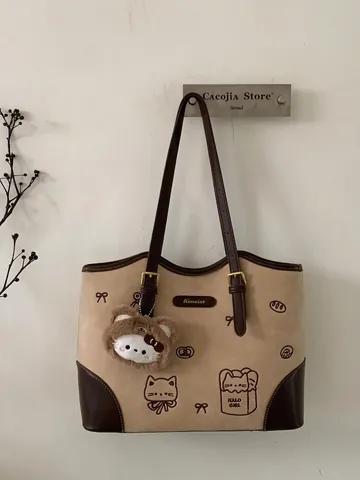Bolso Tote de Cuero PU Retro para Mujer Color Contrastante Estampado Gato Dibujos Animados Bolso de Hombro Gran Capacidad