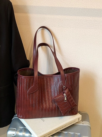 Damen Gewebte PU Leder Tote Bag Große Kapazität Schultertasche Mit Passendem Beutel Casual Streetwear Mode Handtasche