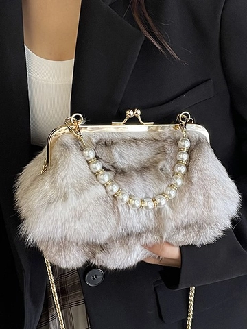 Sac Bandoulière en Fourrure de Renard Femme Automne Élégant Sac à Épaule en Vison Avec Poignée de Perle Chaîne Dorée