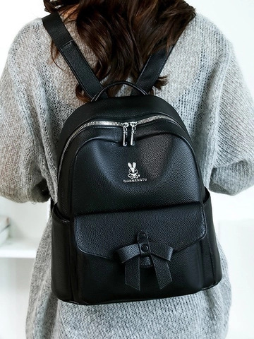 Damen PU Leder Rucksack Schleife Kaninchen Logo Litchi Maserung Große Kapazität Pendeln Schultasche Mode Tagesrucksack