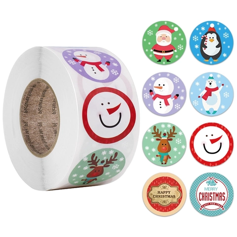 Weihnachten Rollenaufkleber Runde Kraftpapier Selbstklebeetiketten Cartoon Weihnachtsmann Schneemann Rentier Für Feiertagsgeschenk Dekoration
