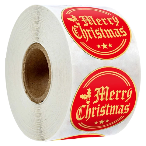 Frohe Weihnachten Aufkleber Heißprägen Rot Rund Etiketten Kraftpapier Für Feiertag Geschenk Verpackung Versiegelung Dekor Festlich