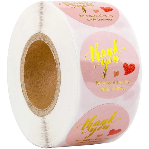 Round Pink Gold Foil Thank You Sticker Heart Pattern Labels For Supporting My Small Business Gift Packaging Sealing Decoration