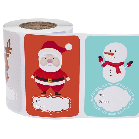 Rollo de Etiquetas Adhesivas de Regalo de Navidad Patrón de Papá Noel Muñeco de Nieve Papel Kraft Decorativo Navideño