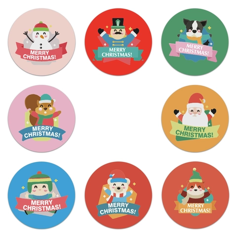 Adesivi a Rotolo Merry Christmas Carta Kraft Rotondi Cartone Animato Babbo Natale Schiaccianoci Pupazzo di Neve Etichette Regalo