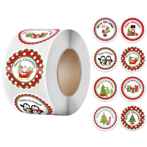 500Pcs Christmas Roll Stickers Round Kraft Paper Merry Christmas Labels Santa Claus Reindeer Holiday Gift Sealing Decals
