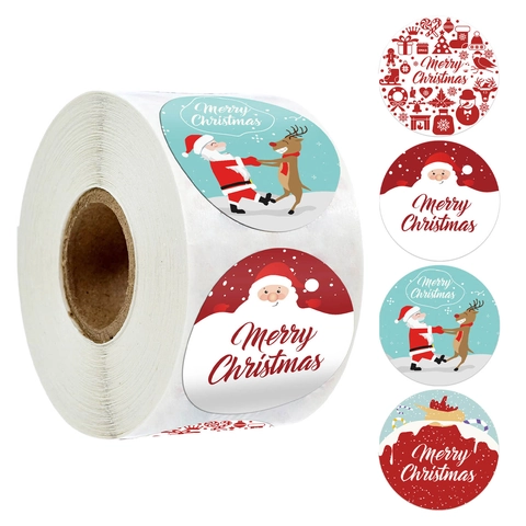 Adesivi in Carta Kraft Merry Christmas Adesivi a Rotolo Rotondi Babbo Natale Renna Etichette per Decorazione Regali Natalizi