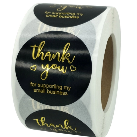 Adesivi Tondi Thank You Bronzatura Oro Nero Etichette Sigillanti a Rotolo per Confezioni Regalo Piccola Impresa