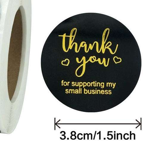 Adesivi Tondi Thank You Bronzatura Oro Nero Etichette Sigillanti a Rotolo per Confezioni Regalo Piccola Impresa