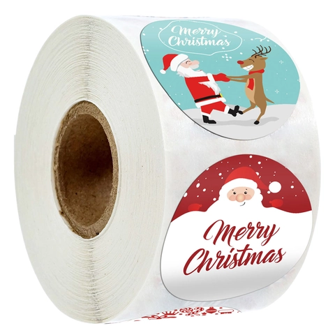 Adesivi in Carta Kraft Merry Christmas Adesivi a Rotolo Rotondi Babbo Natale Renna Etichette per Decorazione Regali Natalizi