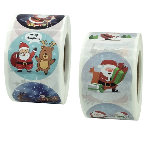 Merry Christmas Kraft Paper Round Label Stickers Roll Cartoon Santa Reindeer Pattern Festive Gift Wrapping Sealing Decals