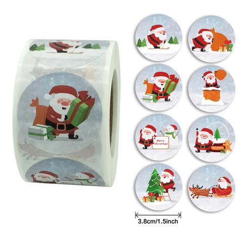 Merry Christmas Kraft Paper Round Label Stickers Roll Cartoon Santa Reindeer Pattern Festive Gift Wrapping Sealing Decals